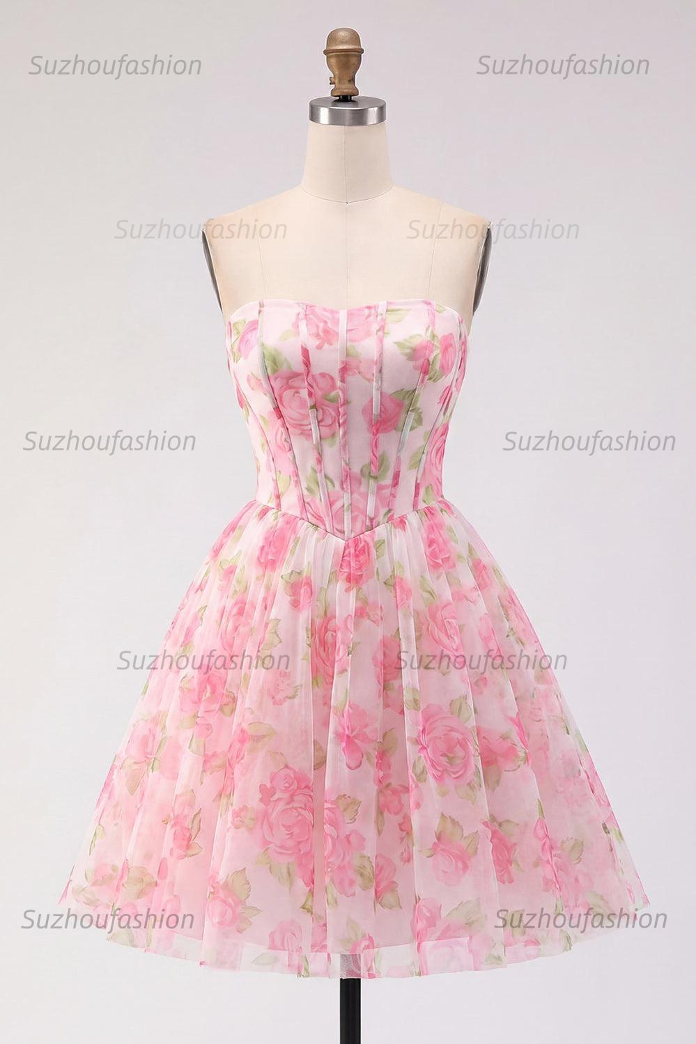 Suzhoufashion Pink Floral Strapless Corset A-Line Short Homecoming Dress