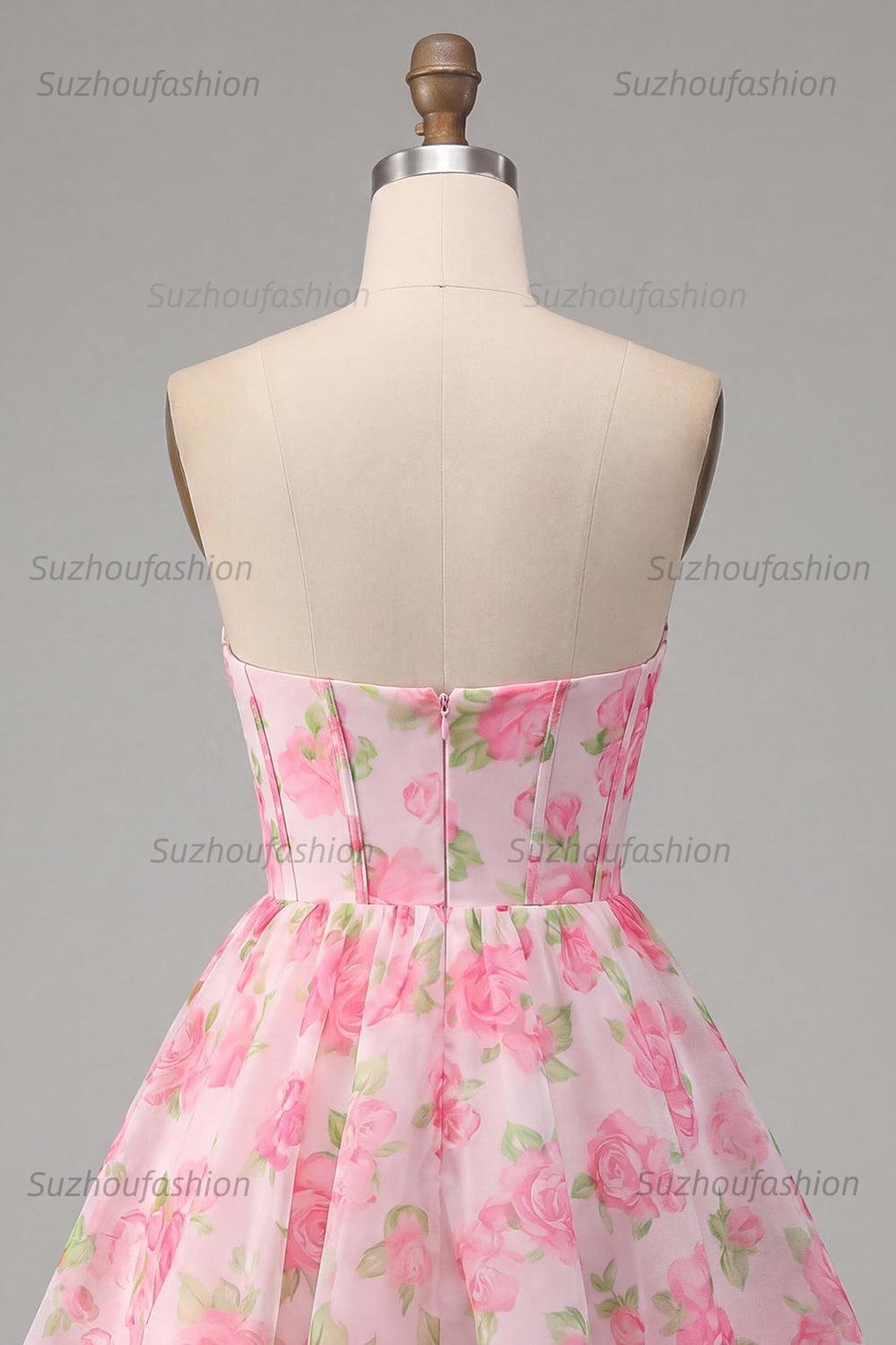 Suzhoufashion Pink Floral Strapless Corset A-Line Short Homecoming Dress
