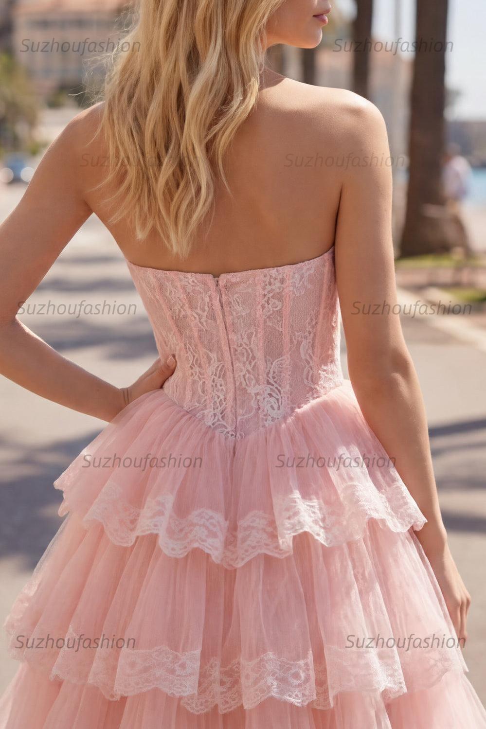 Suzhoufashion Pink Floral Strapless Lace Corset Short Homecoming Dress with Ruffles