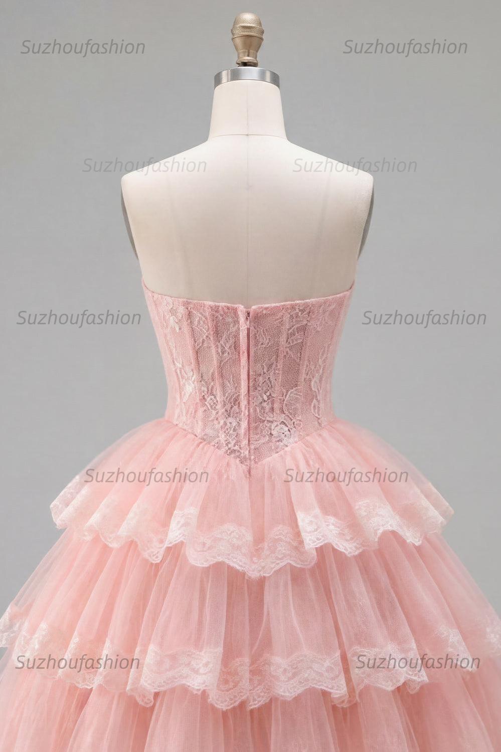 Suzhoufashion Pink Floral Strapless Lace Corset Short Homecoming Dress with Ruffles