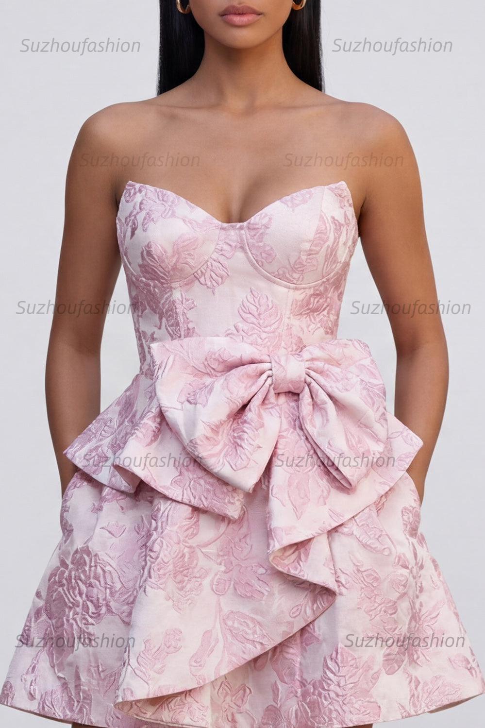 Suzhoufashion Pink Floral Strapless Ruffled A-Line Corset Short Cocktail Dress with Bow