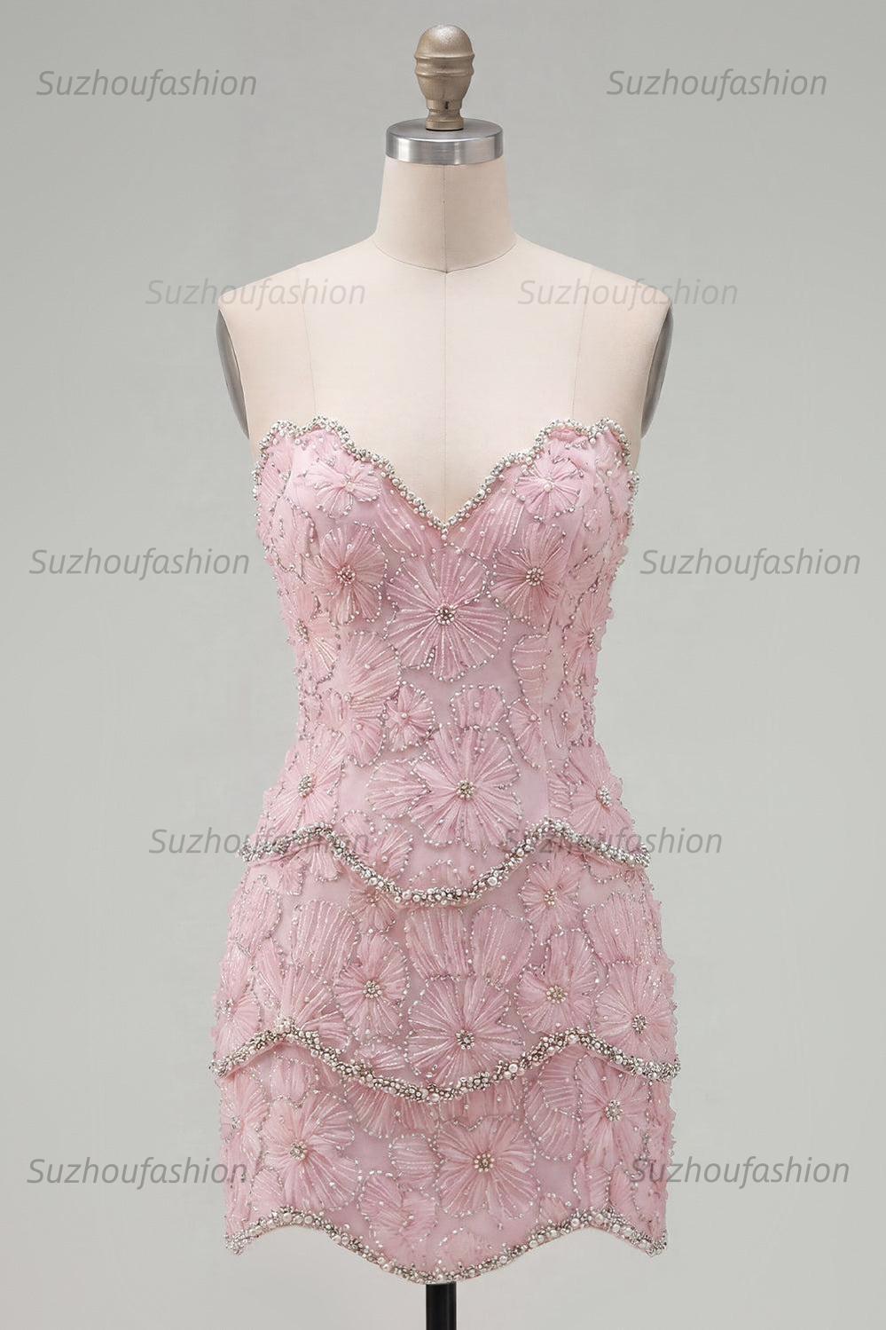 Suzhoufashion Pink Floral Strapless Tight Short Homecoming Dress with Pearl Details