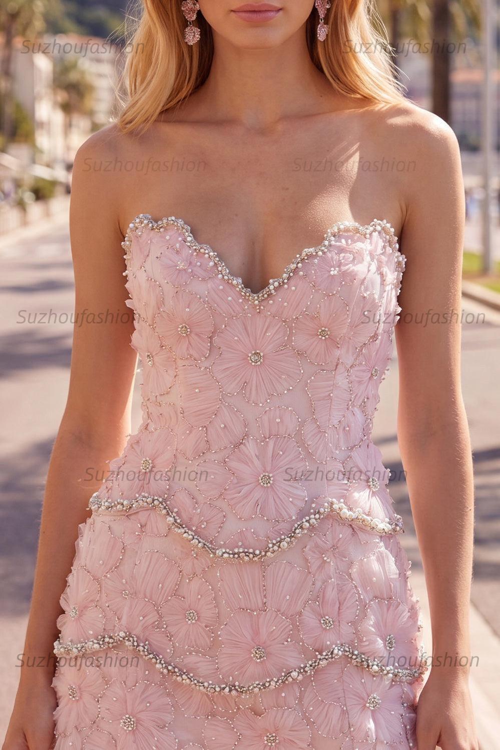 Suzhoufashion Pink Floral Strapless Tight Short Homecoming Dress with Pearl Details