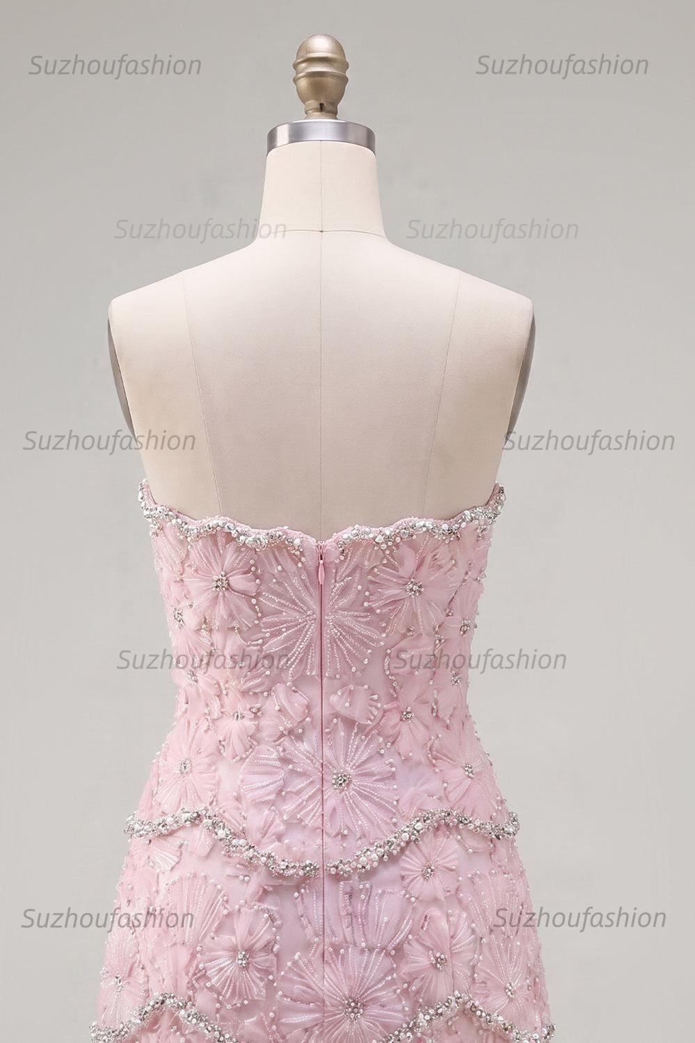 Suzhoufashion Pink Floral Strapless Tight Short Homecoming Dress with Pearl Details