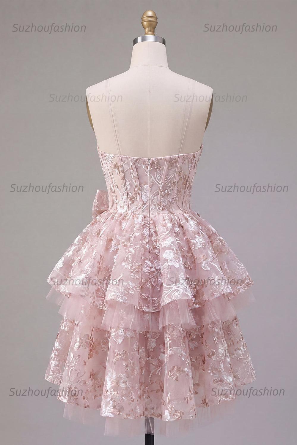 Suzhoufashion Pink Floral Sweetheart Ruffled A-Line Corset Short Homecoming Dress with Bow