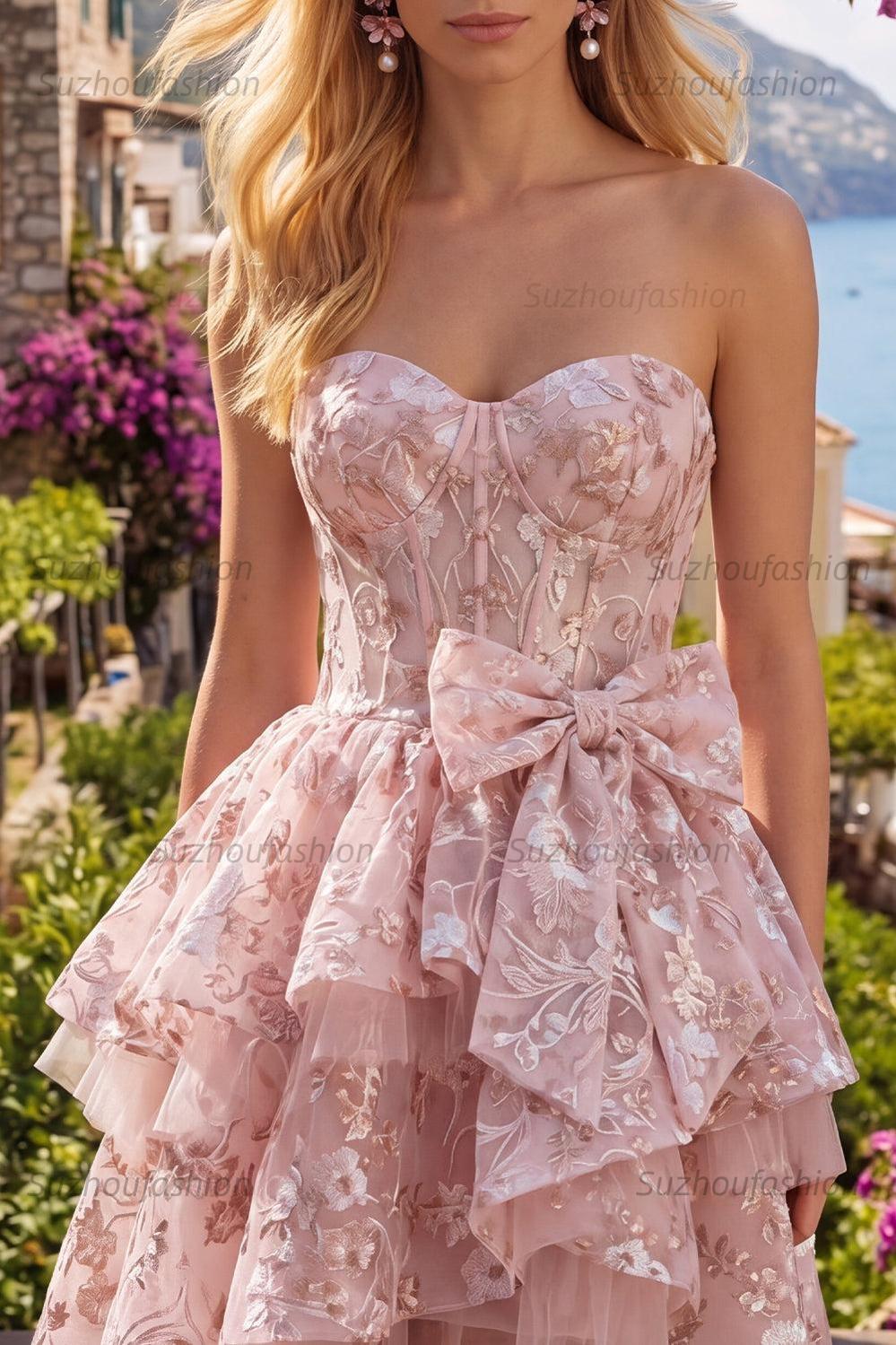Suzhoufashion Pink Floral Sweetheart Ruffled A-Line Corset Short Homecoming Dress with Bow