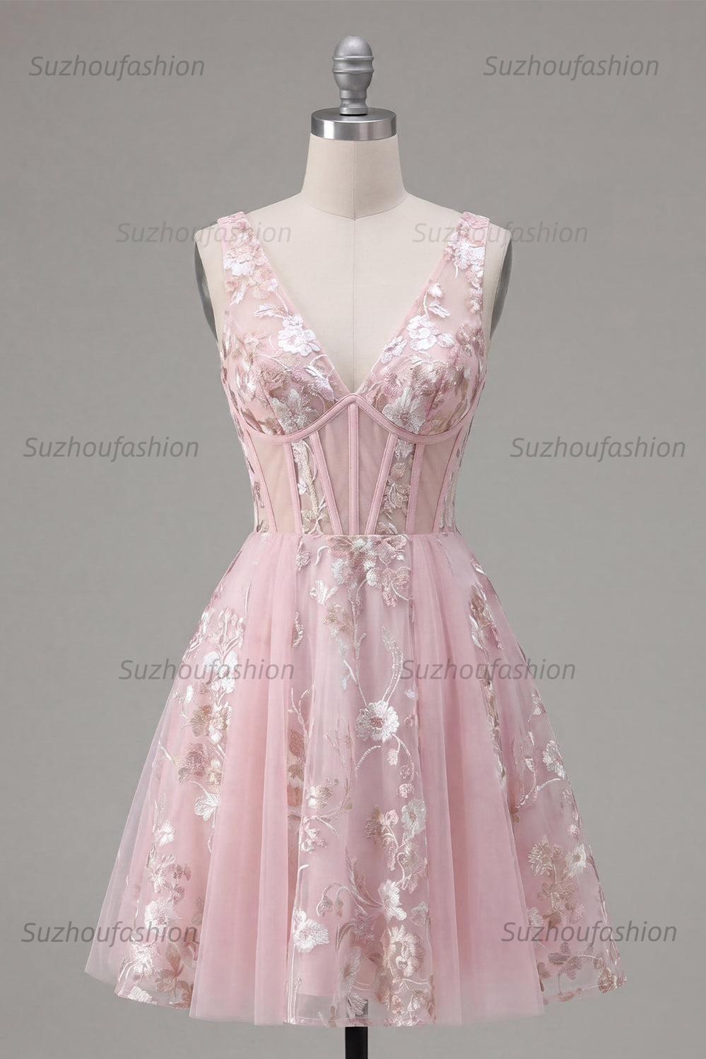 Suzhoufashion Pink Floral V-Neck A-Line Corset Short Homecoming Dress