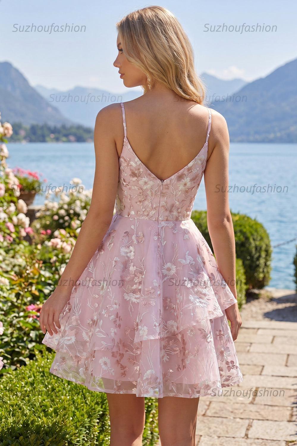 Suzhoufashion Pink Floral V-Neck A-Line Ruffled Short Corset Homecoming Dress