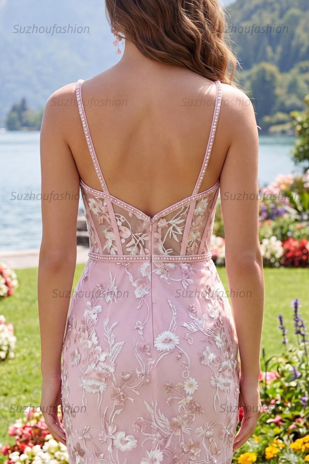 Suzhoufashion Pink Floral V-Neck Beaded Tight Short Corset Homecoming Dress