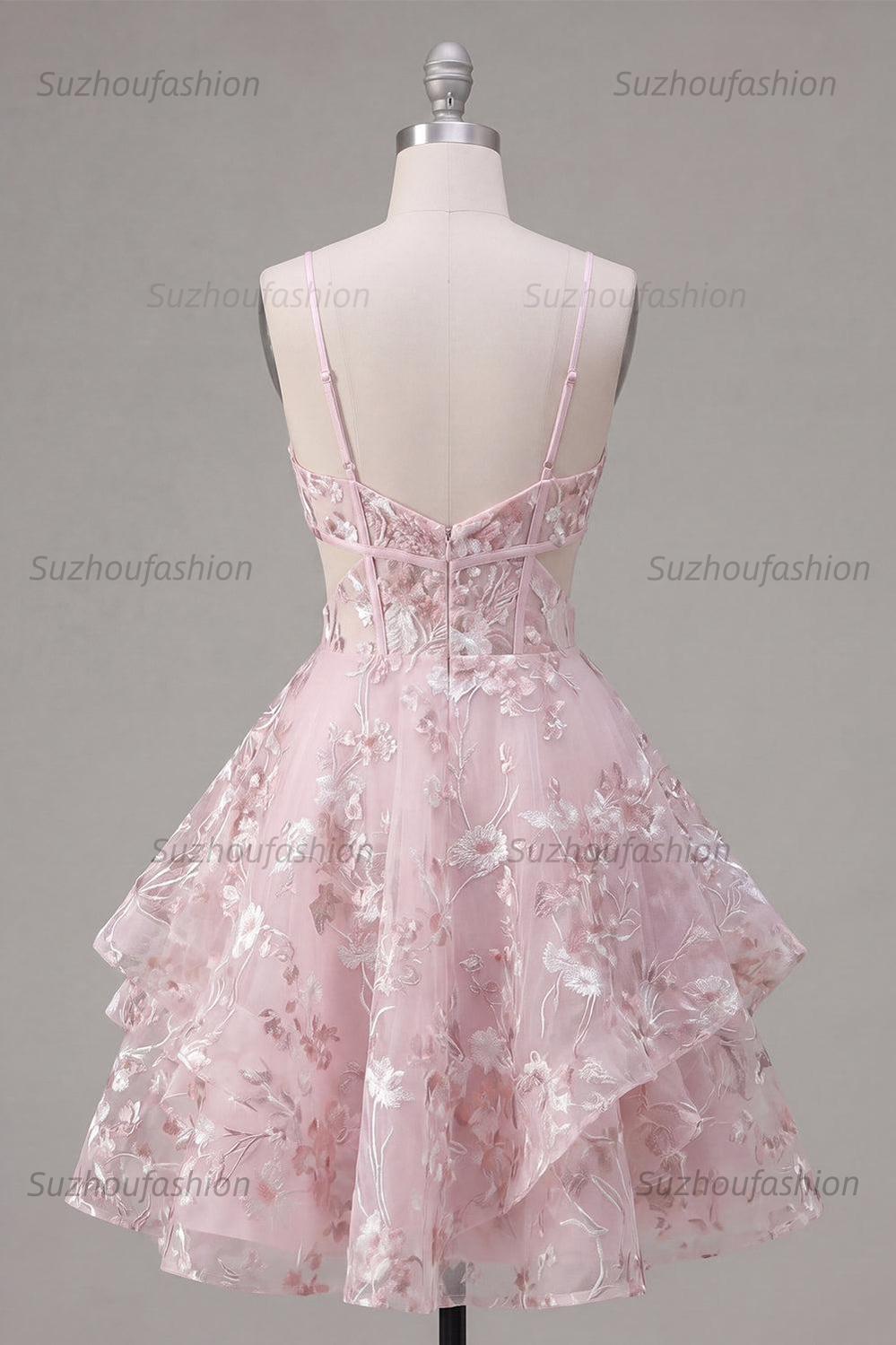 Suzhoufashion Pink Floral V-Neck Cut-Out Ruffled A-Line Corset Short Homecoming Dress