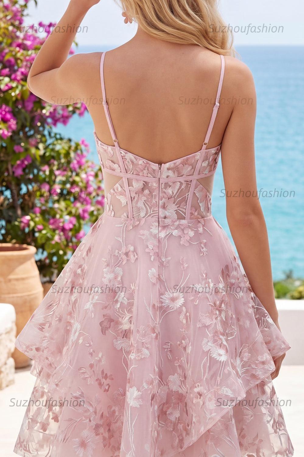 Suzhoufashion Pink Floral V-Neck Cut-Out Ruffled A-Line Corset Short Homecoming Dress