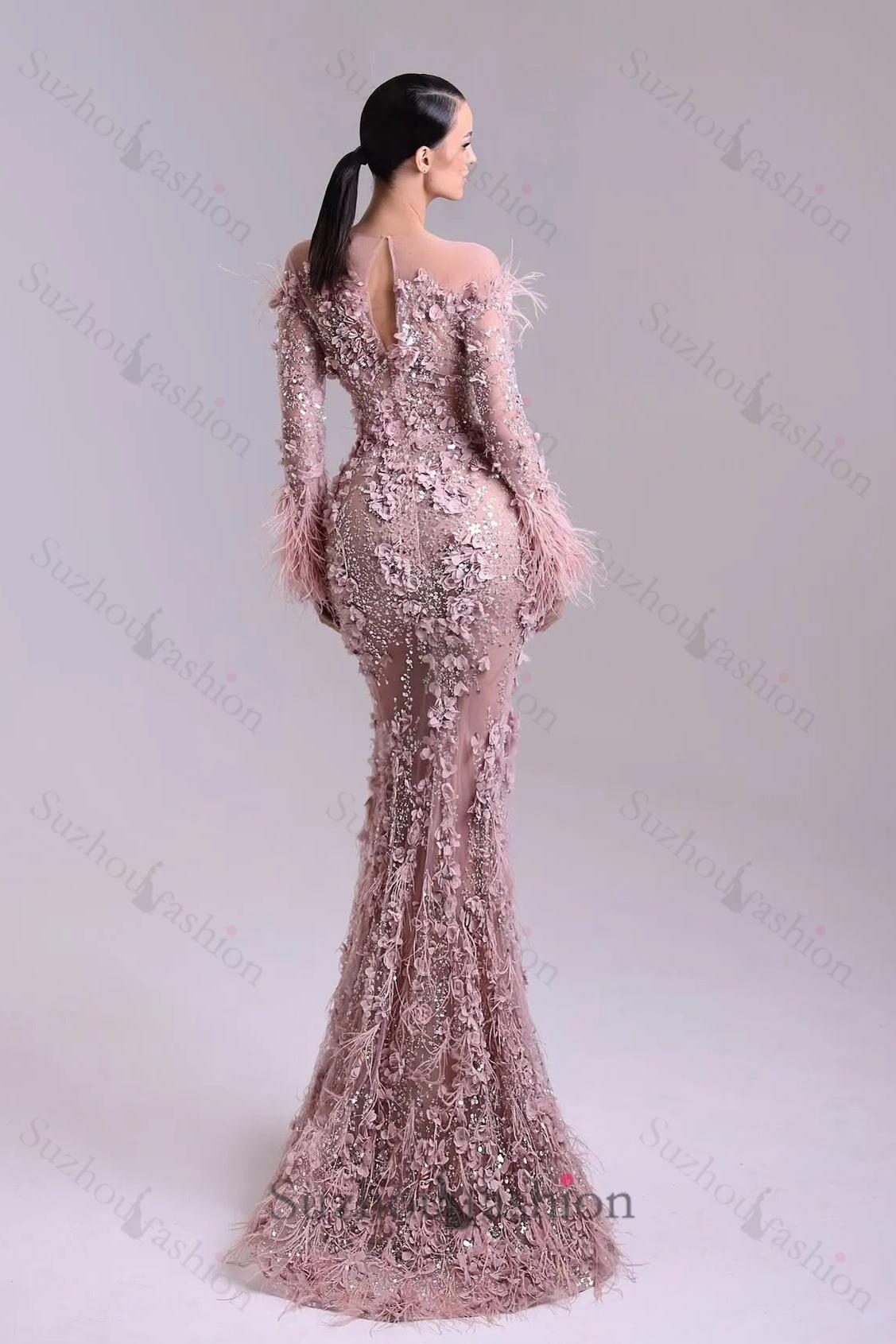 Suzhoufashion Pink Long Sleeve Formal Dress Mermaid 3D Flower Prom Evening Dress with Feathers