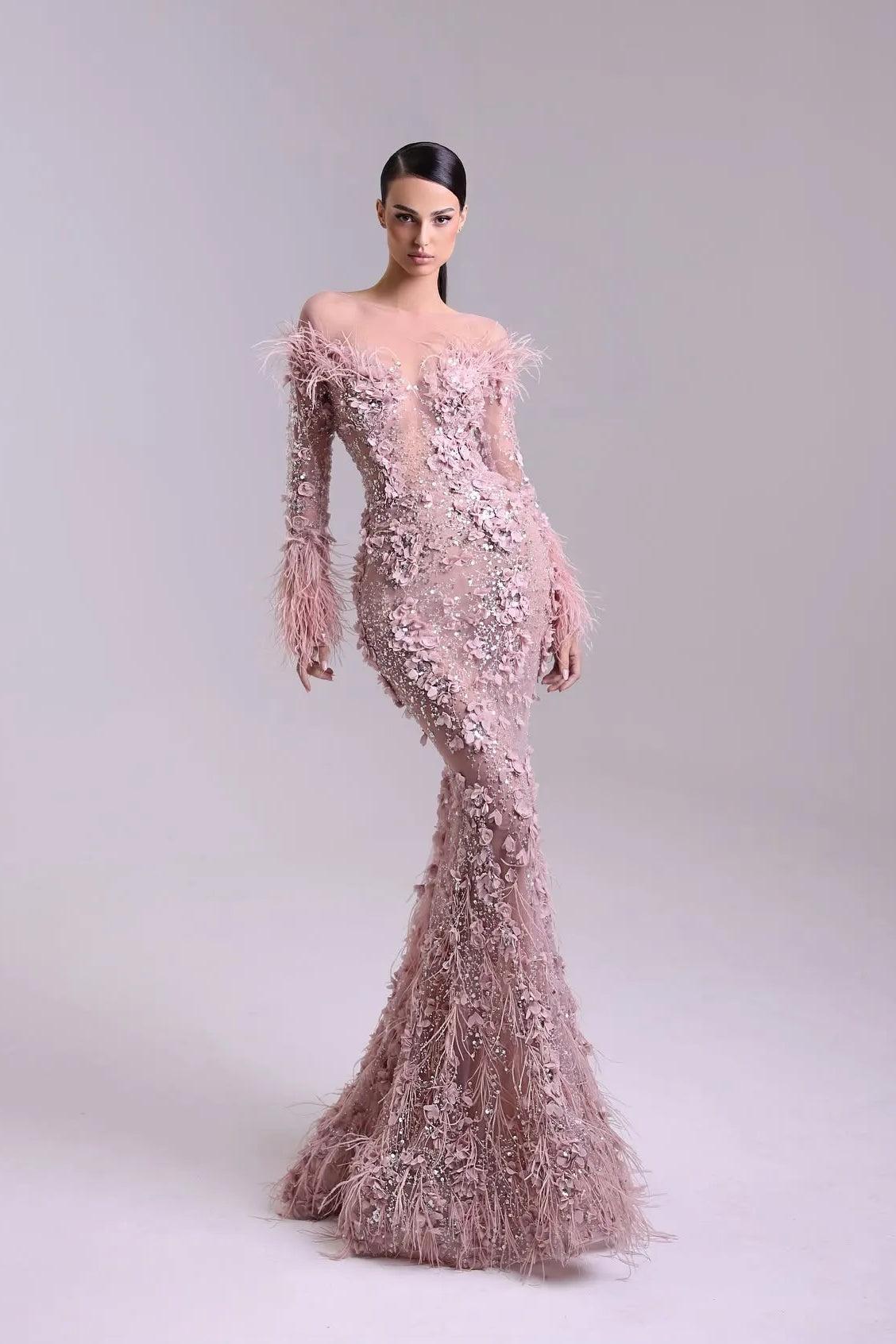 Suzhoufashion Pink Long Sleeve Formal Dress Mermaid 3D Flower Prom Evening Dress with Feathers