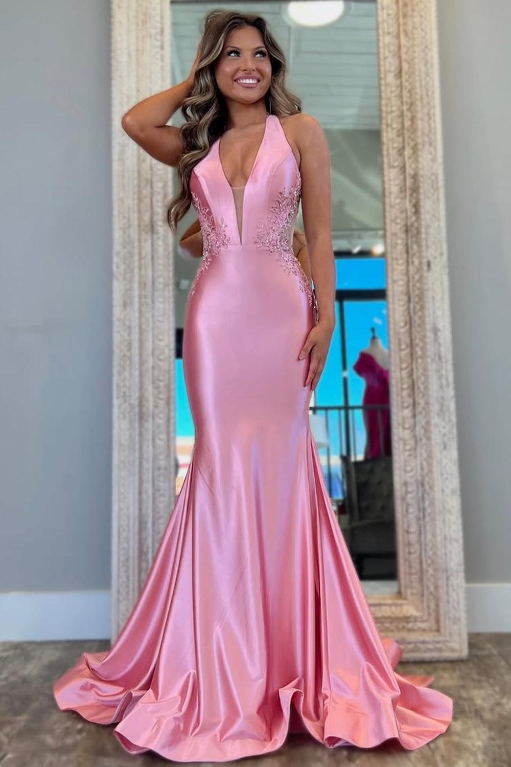 Suzhoufashion Pink Mermaid Prom Dress With Deep V-Neck Backless Long Satin And Appliques Formal Evening Gown