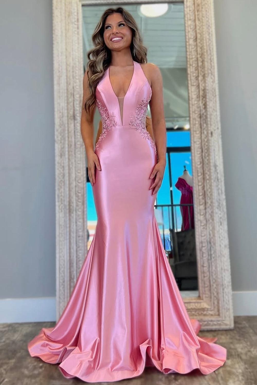 Suzhoufashion Pink Mermaid Prom Dress With Deep V-Neck Backless Long Satin And Appliques Formal Evening Gown
