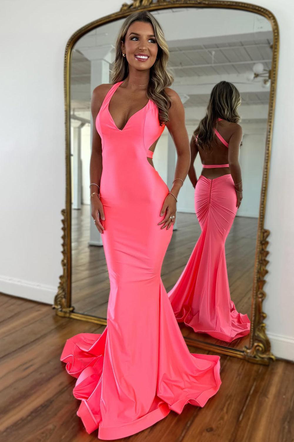 Suzhoufashion Pink Mermaid V-Neck Prom Dress With Cross Back And Satin Finish Formal Evening Gown