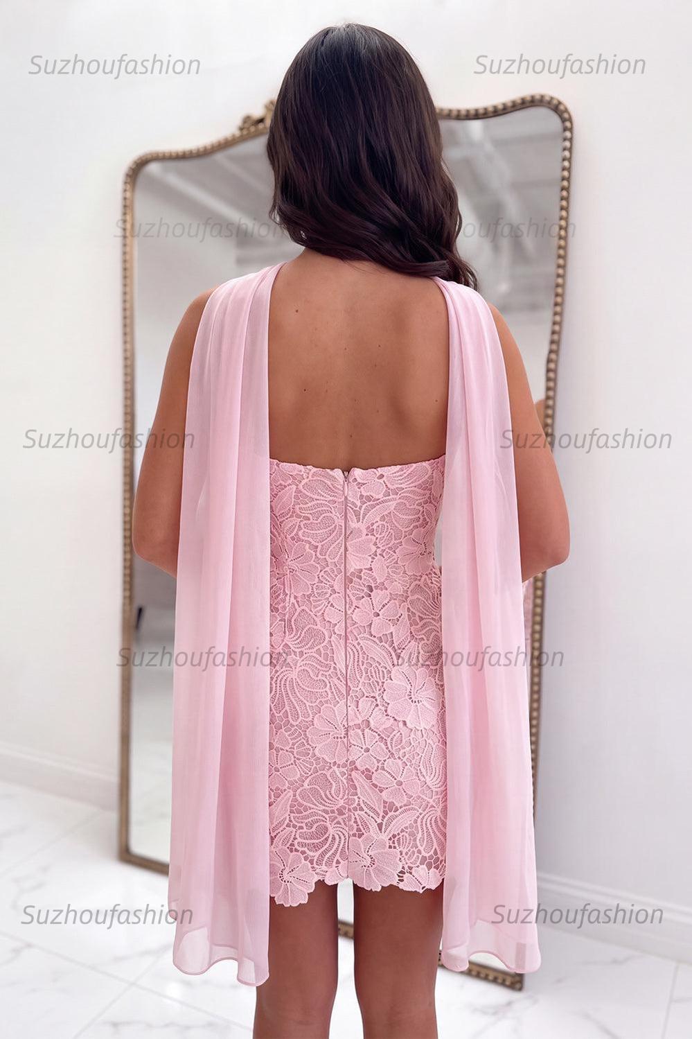 Suzhoufashion Pink Neck Scarf Lace Tight Strapless Short Homecoming Dress