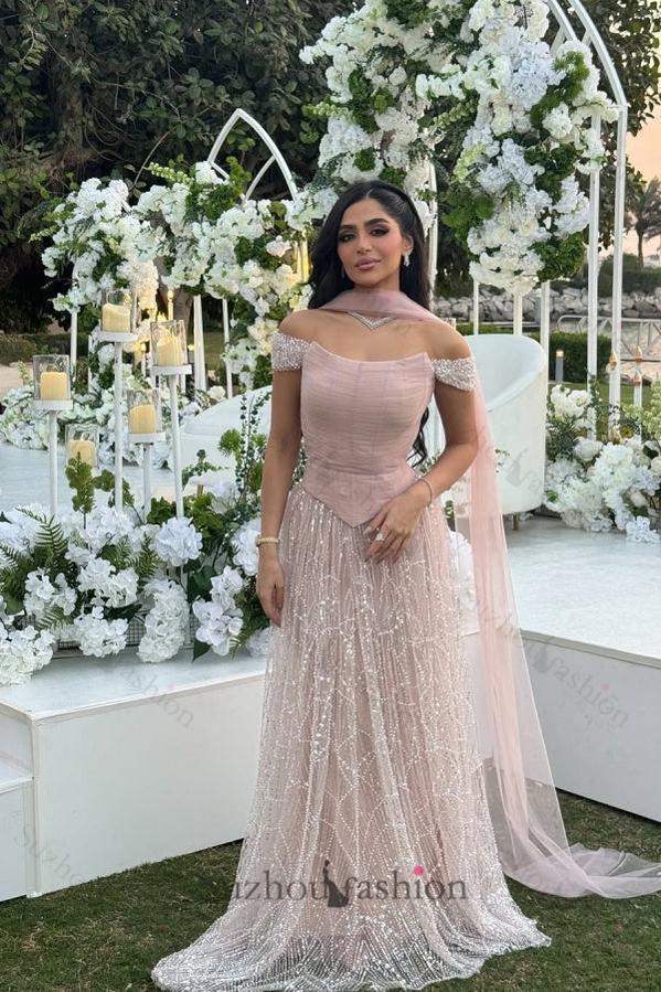 Suzhoufashion Pink Off The Shoulder Beaded Formal Dress Sequined Tulle A Line Prom Evening Gown