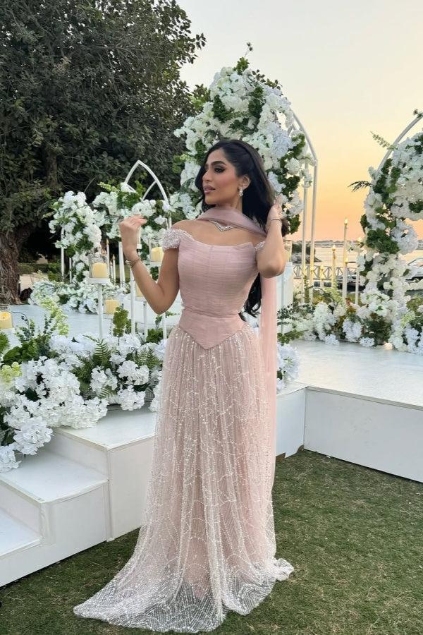 Suzhoufashion Pink Off The Shoulder Beaded Formal Dress Sequined Tulle A Line Prom Evening Gown