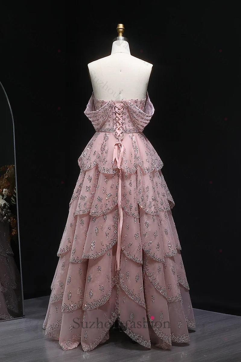 Suzhoufashion Pink Off The Shoulder Prom Dress A Line Tiered Beaded Formal Dress
