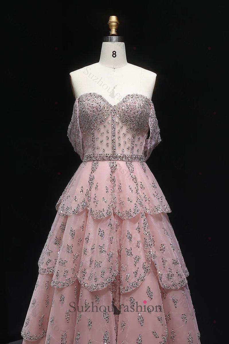 Suzhoufashion Pink Off The Shoulder Prom Dress A Line Tiered Beaded Formal Dress