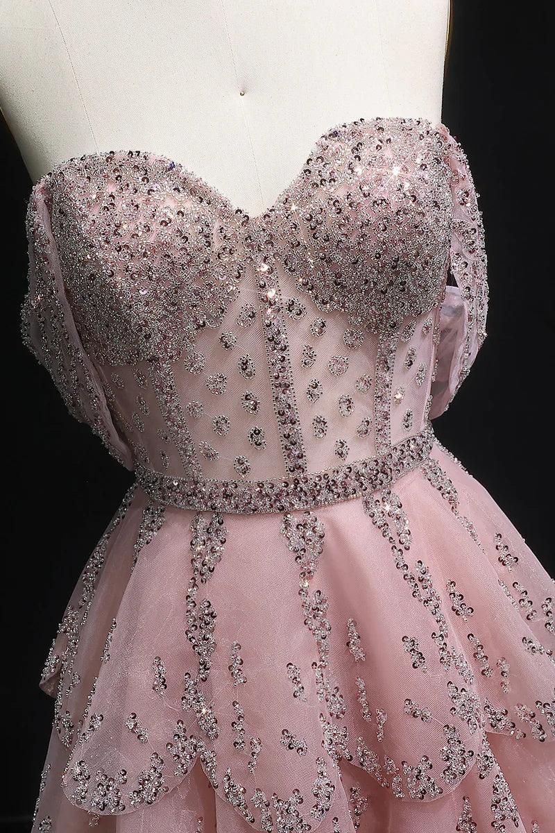 Suzhoufashion Pink Off The Shoulder Prom Dress A Line Tiered Beaded Formal Dress