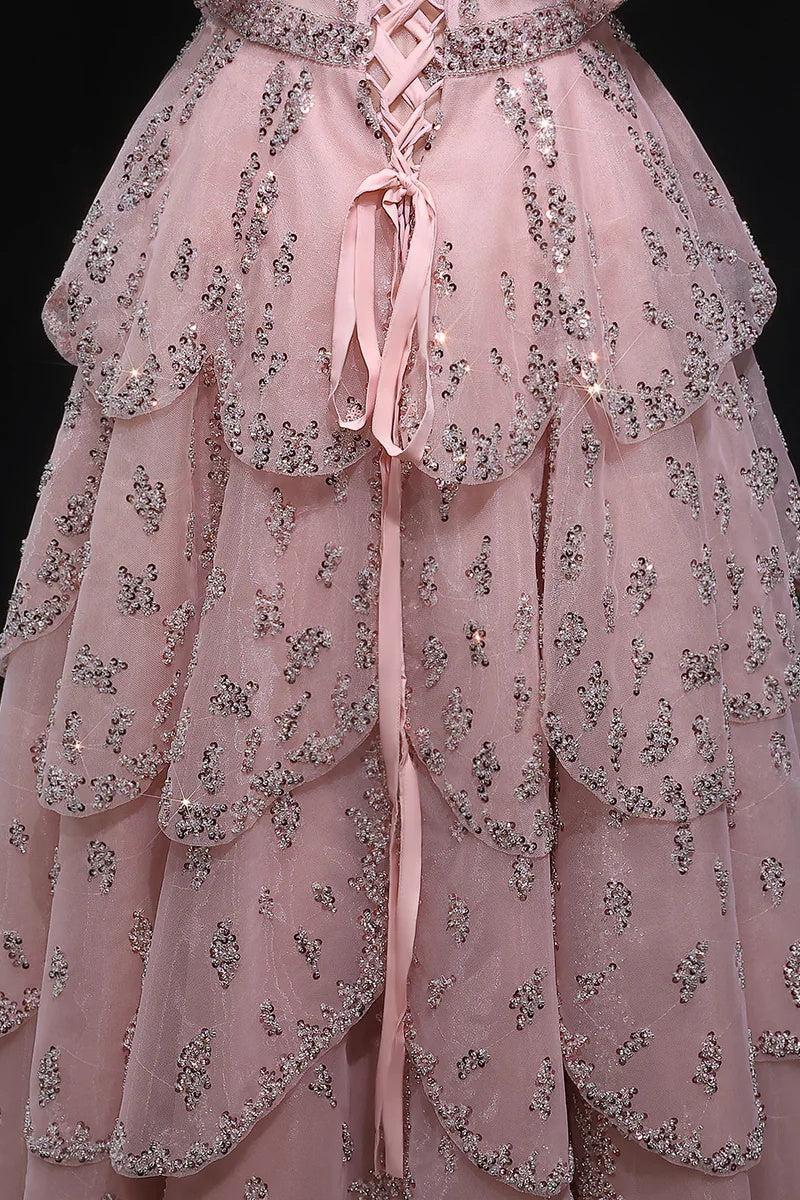 Suzhoufashion Pink Off The Shoulder Prom Dress A Line Tiered Beaded Formal Dress