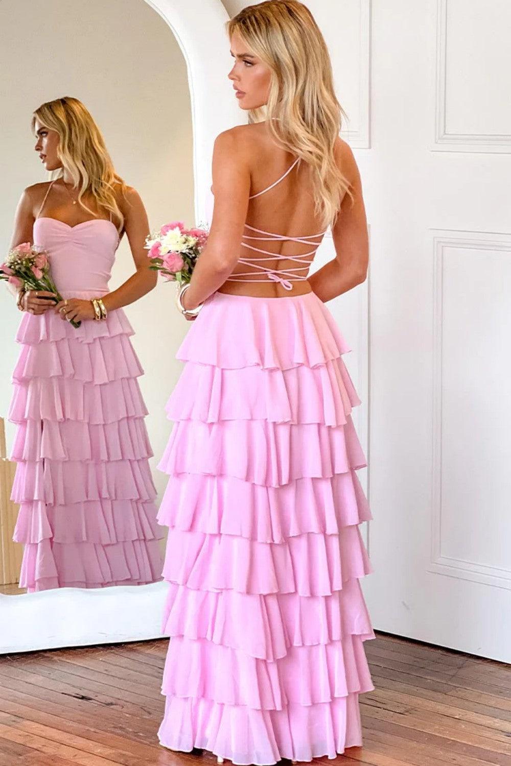 Suzhoufashion Pink Ruffle Tiered Spaghetti Straps Lace-Up Back Prom Dress With Slit Formal Evening Gown