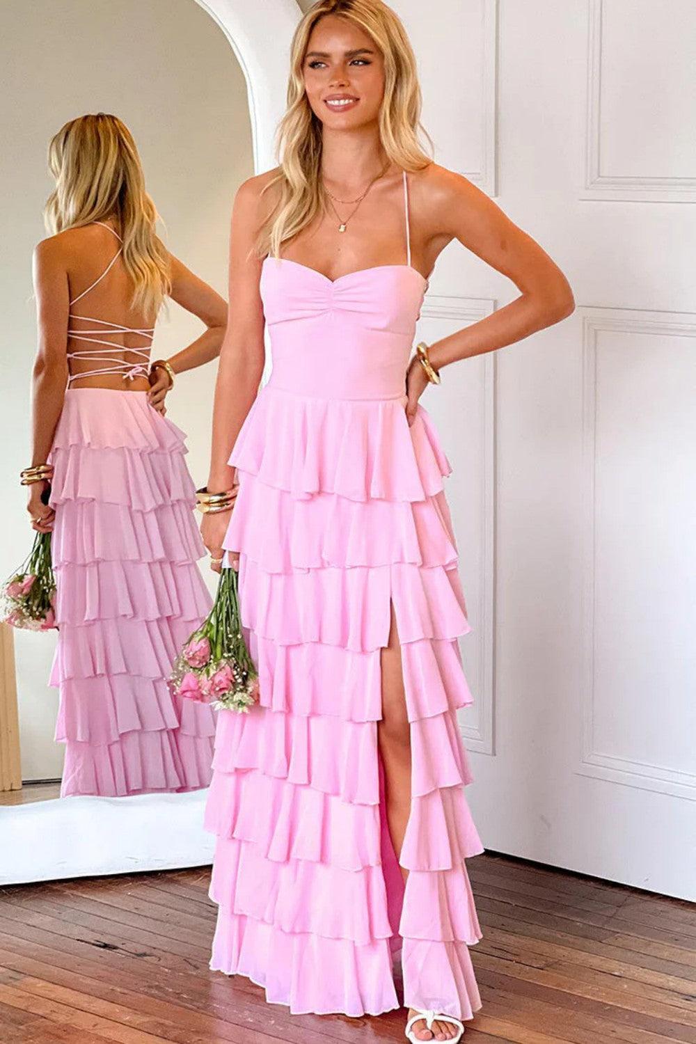 Suzhoufashion Pink Ruffle Tiered Spaghetti Straps Lace-Up Back Prom Dress With Slit Formal Evening Gown