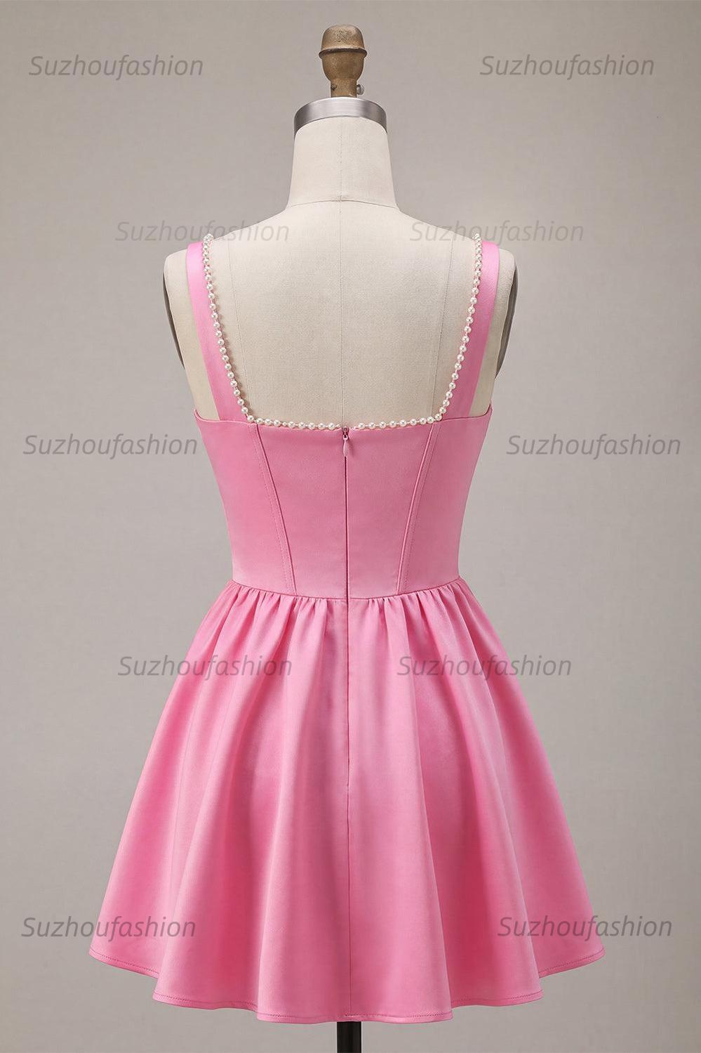 Suzhoufashion Pink Satin A-Line Corset Beaded Short Homecoming Dress