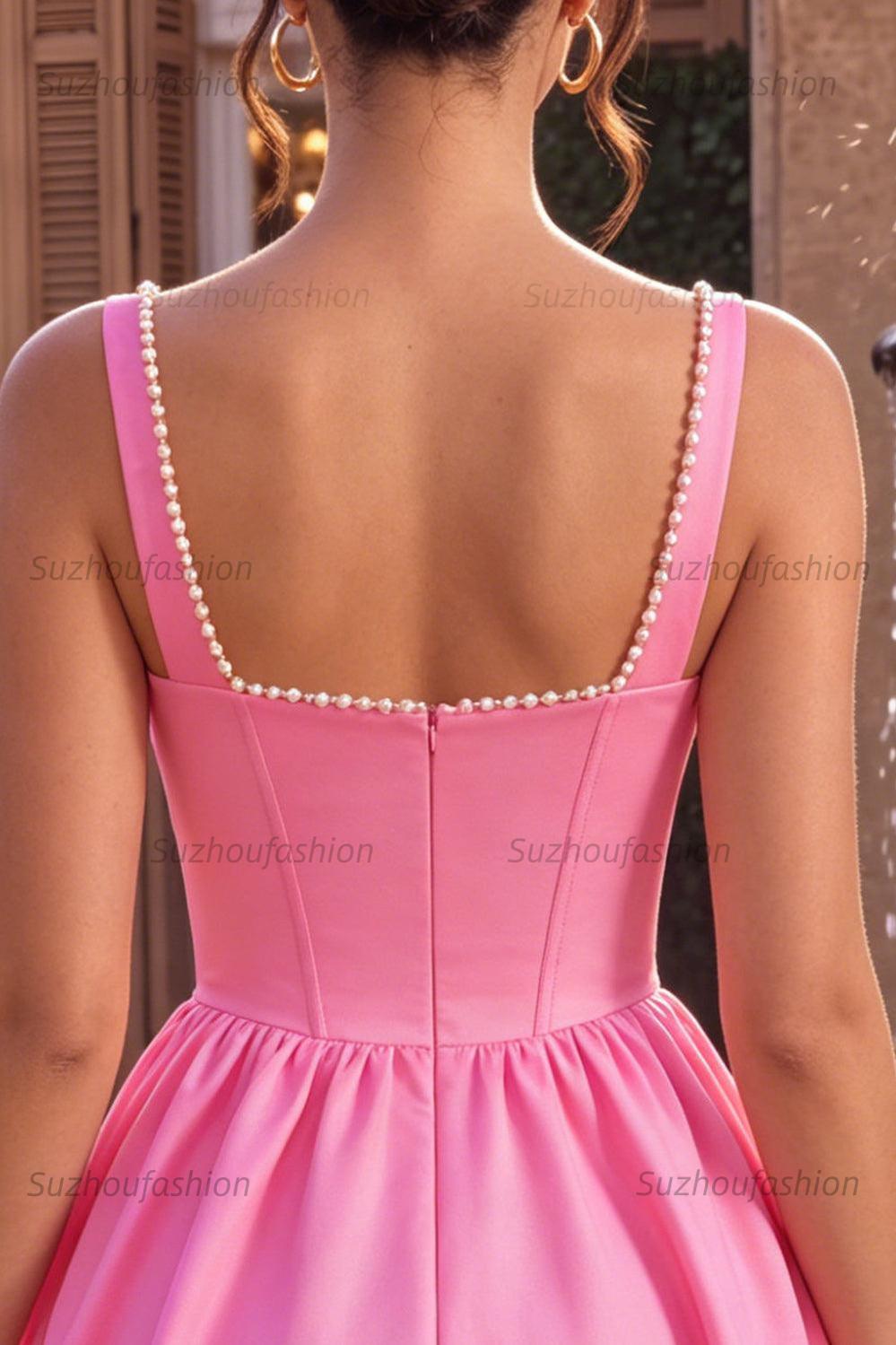 Suzhoufashion Pink Satin A-Line Corset Beaded Short Homecoming Dress