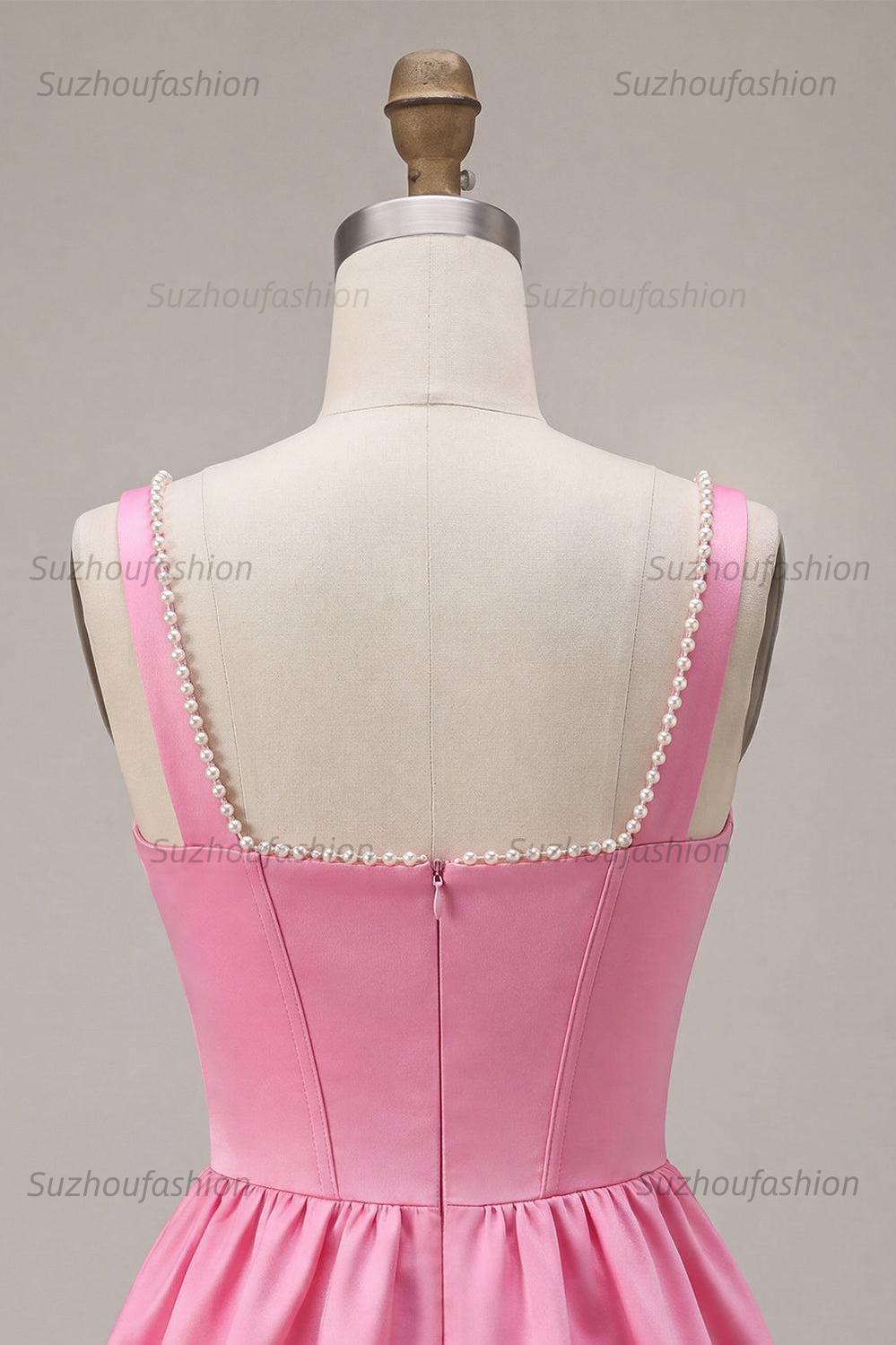 Suzhoufashion Pink Satin A-Line Corset Beaded Short Homecoming Dress