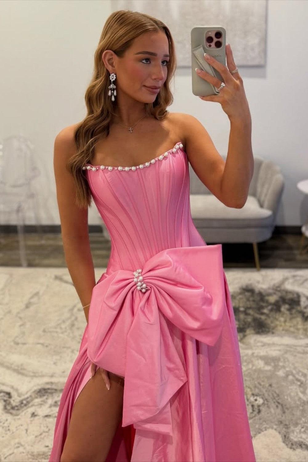 Suzhoufashion Pink Satin Corset Prom Dress With Neckline Pearl Trim & Oversized Bow Formal Evening Gown