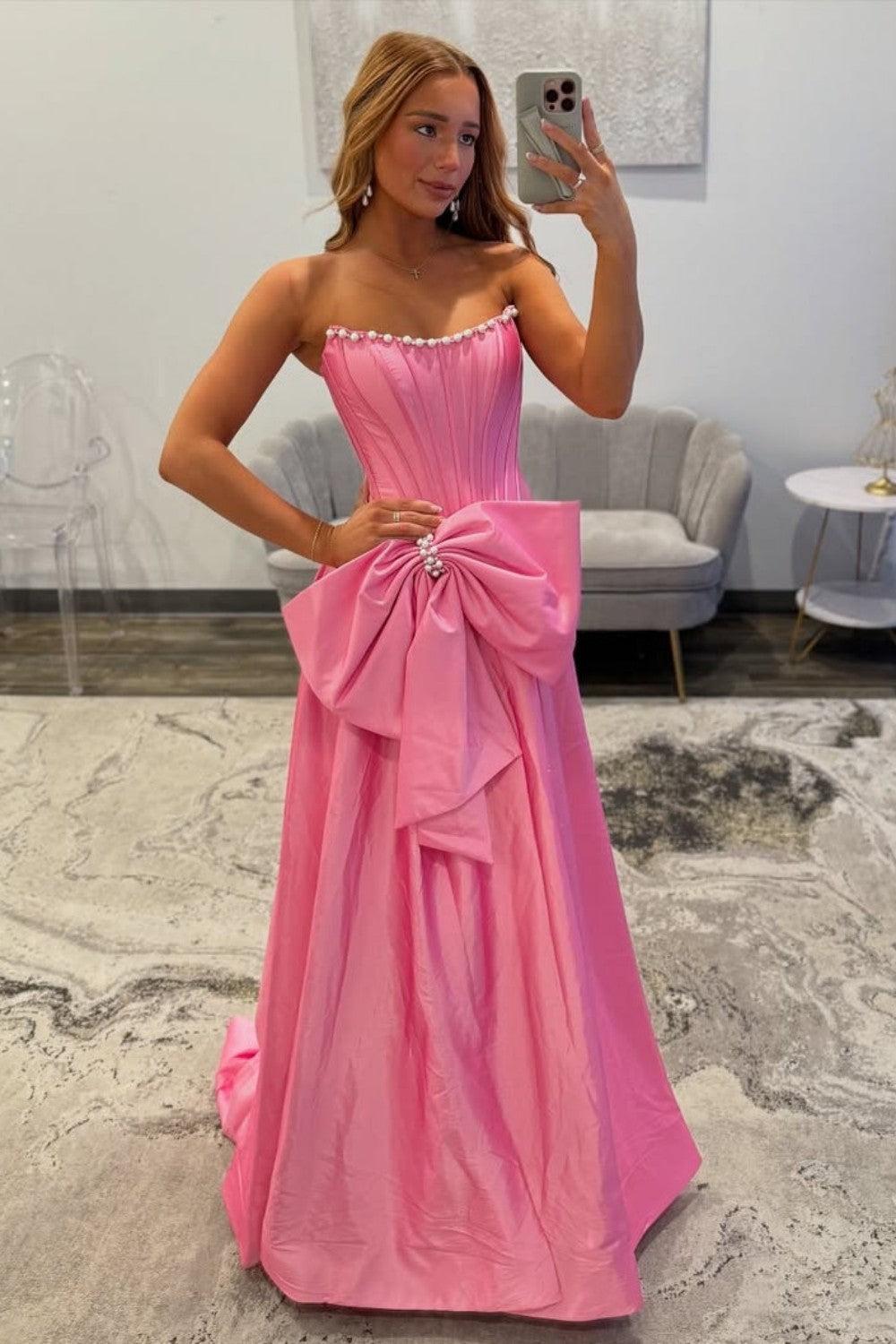 Suzhoufashion Pink Satin Corset Prom Dress With Neckline Pearl Trim & Oversized Bow Formal Evening Gown