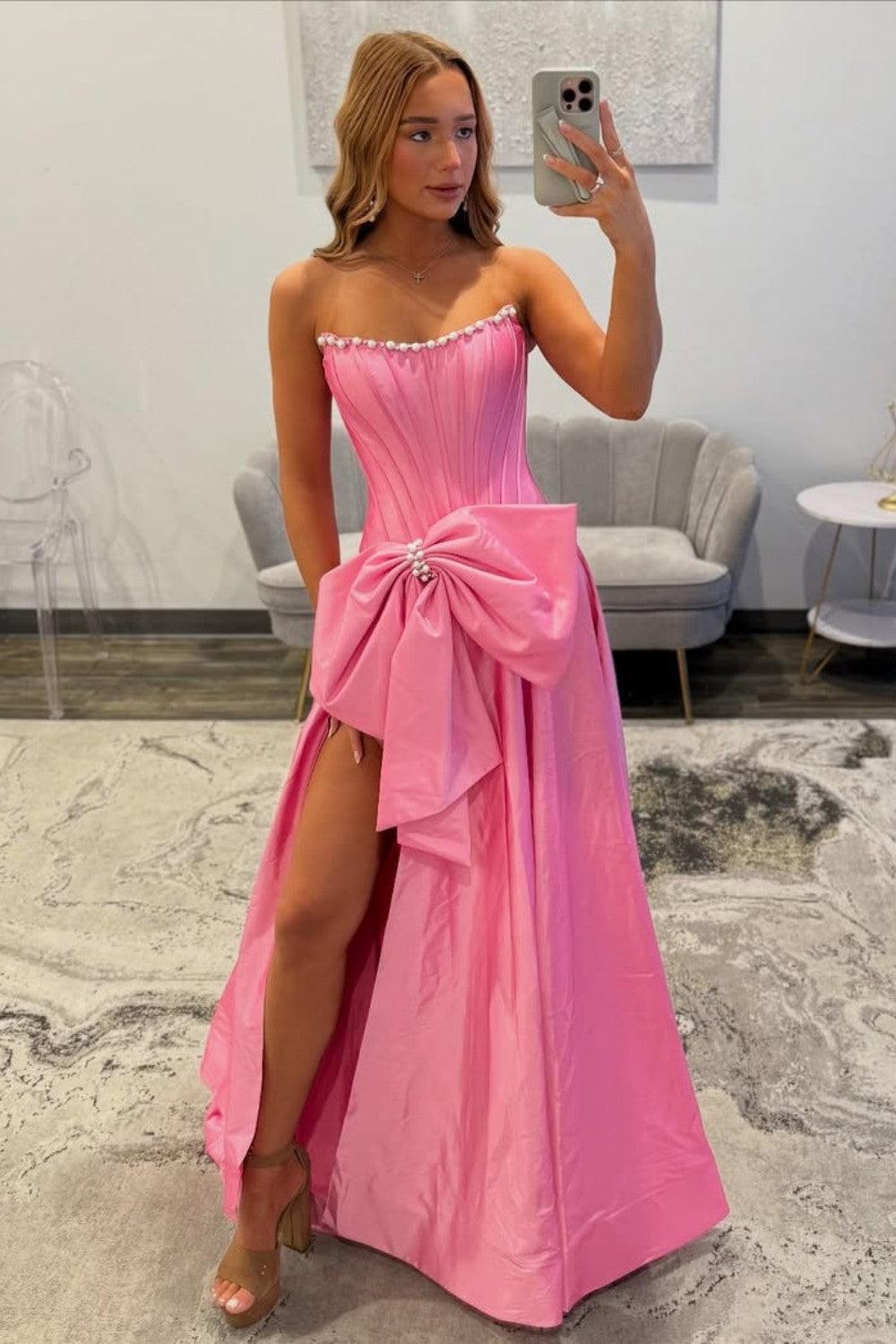 Suzhoufashion Pink Satin Corset Prom Dress With Neckline Pearl Trim & Oversized Bow Formal Evening Gown