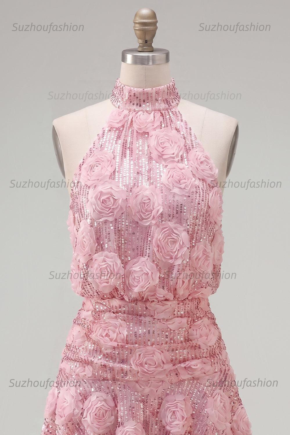 Suzhoufashion Pink Sequin Floral A-Line Short Homecoming Dress with Ruffles