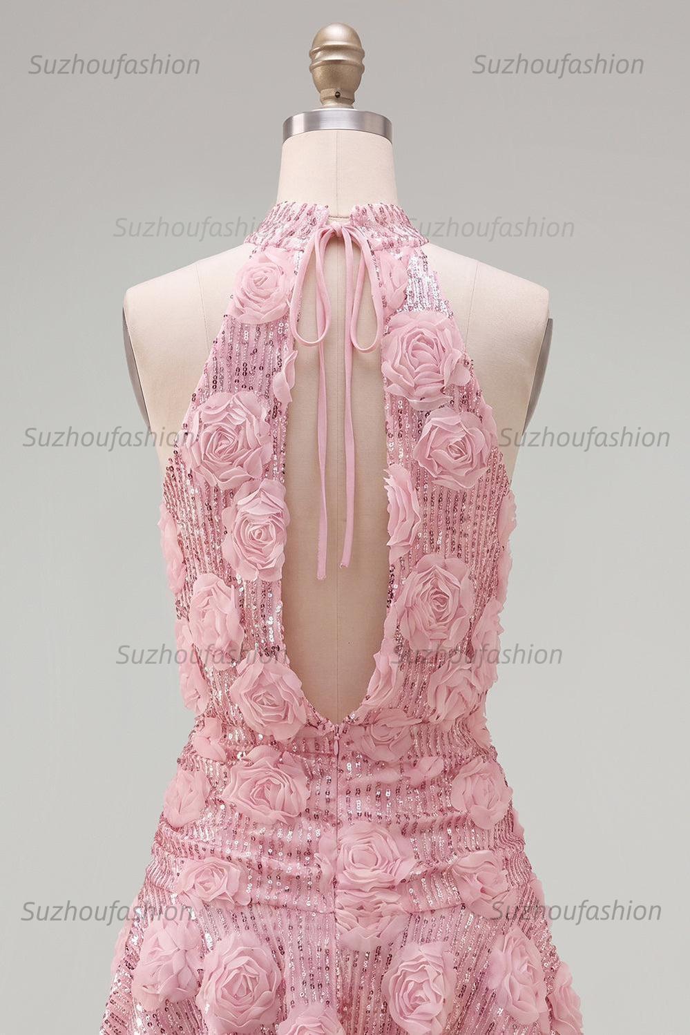 Suzhoufashion Pink Sequin Floral A-Line Short Homecoming Dress with Ruffles