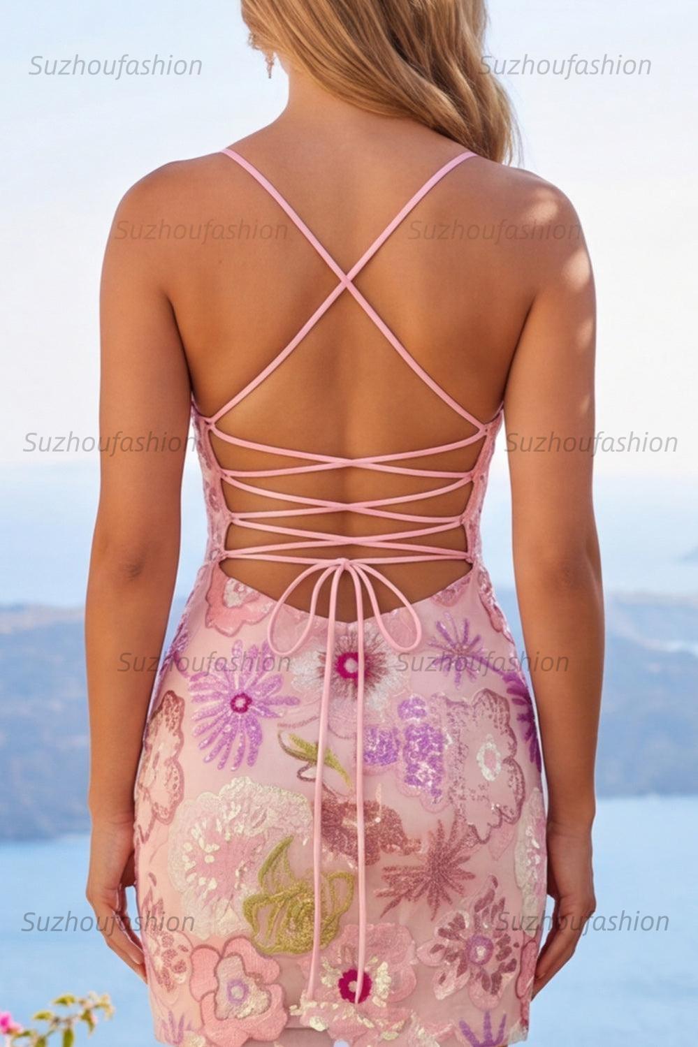 Suzhoufashion Pink Sequin Floral Spaghetti Straps Tight Short Homecoming Dress