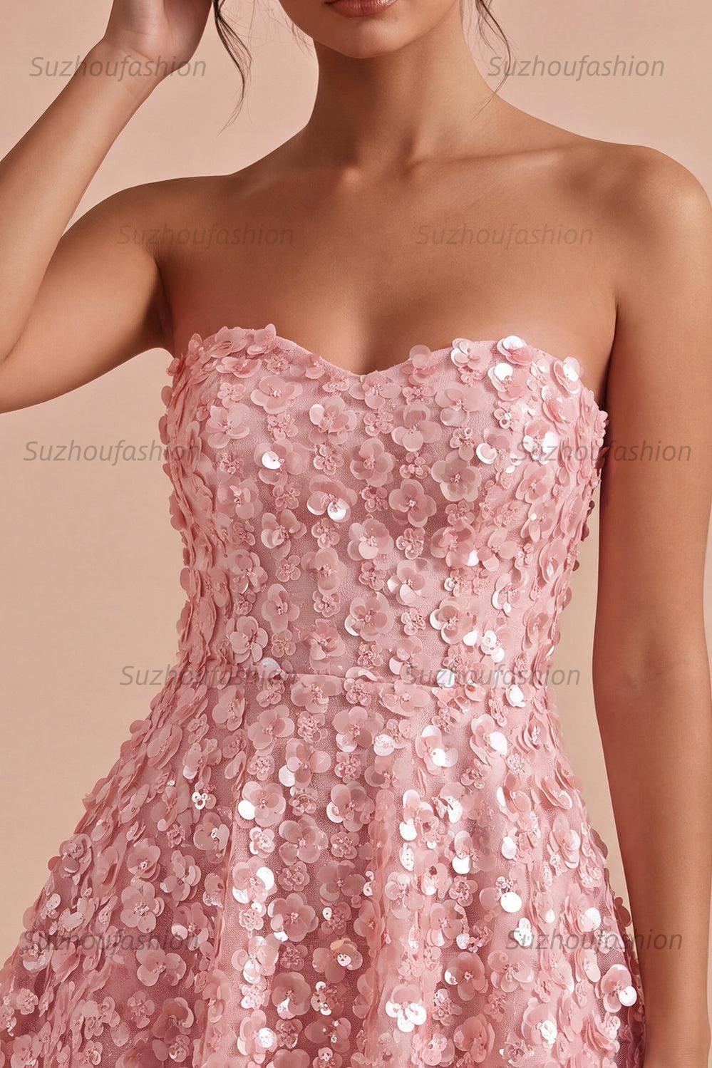 Suzhoufashion Pink Sequins Floral Strapless A Line Short Homecoming Dress