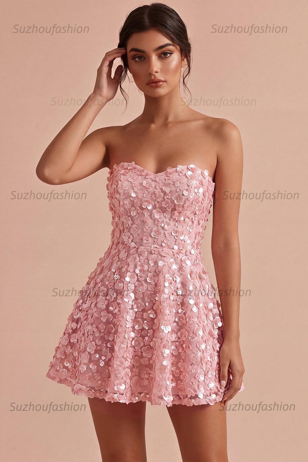Suzhoufashion Pink Sequins Floral Strapless A Line Short Homecoming Dress