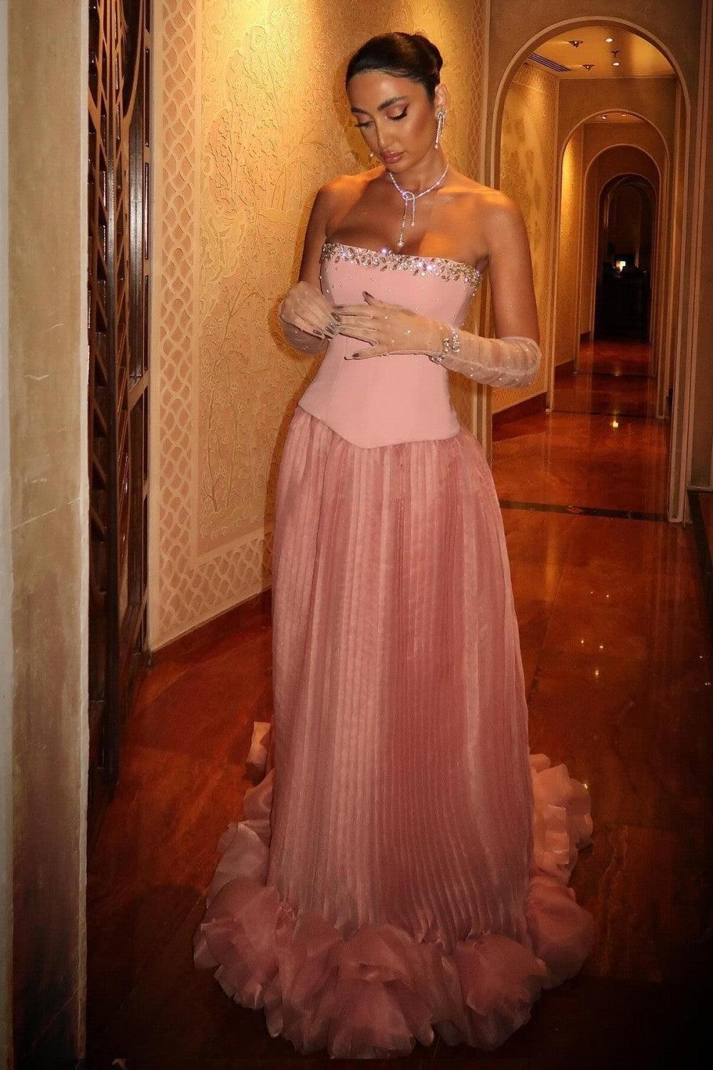 Suzhoufashion Pink Strapless Corset Prom Dress With Beaded Bodice And Tulle Skirt Formal Evening Gown
