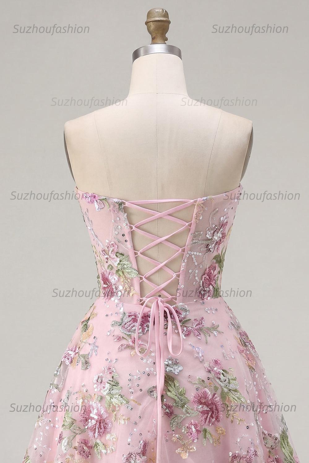 Suzhoufashion Pink Strapless Floral Beaded A-Line Corset Short Homecoming Dress