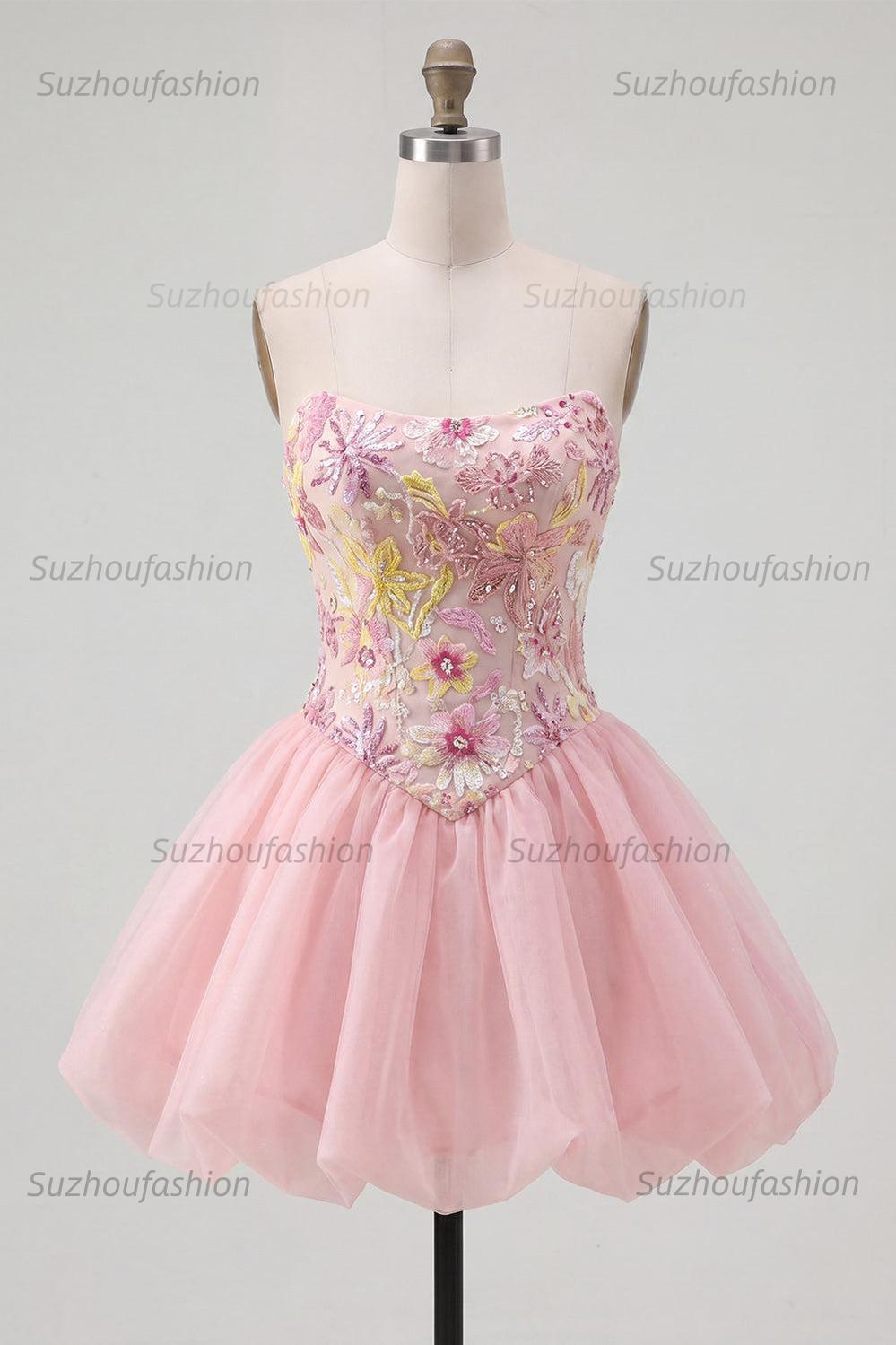 Suzhoufashion Pink Strapless Floral Beaded A-Line Short Homecoming Dress