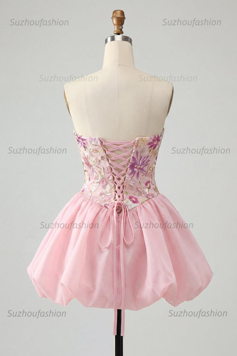Suzhoufashion Pink Strapless Floral Beaded A-Line Short Homecoming Dress