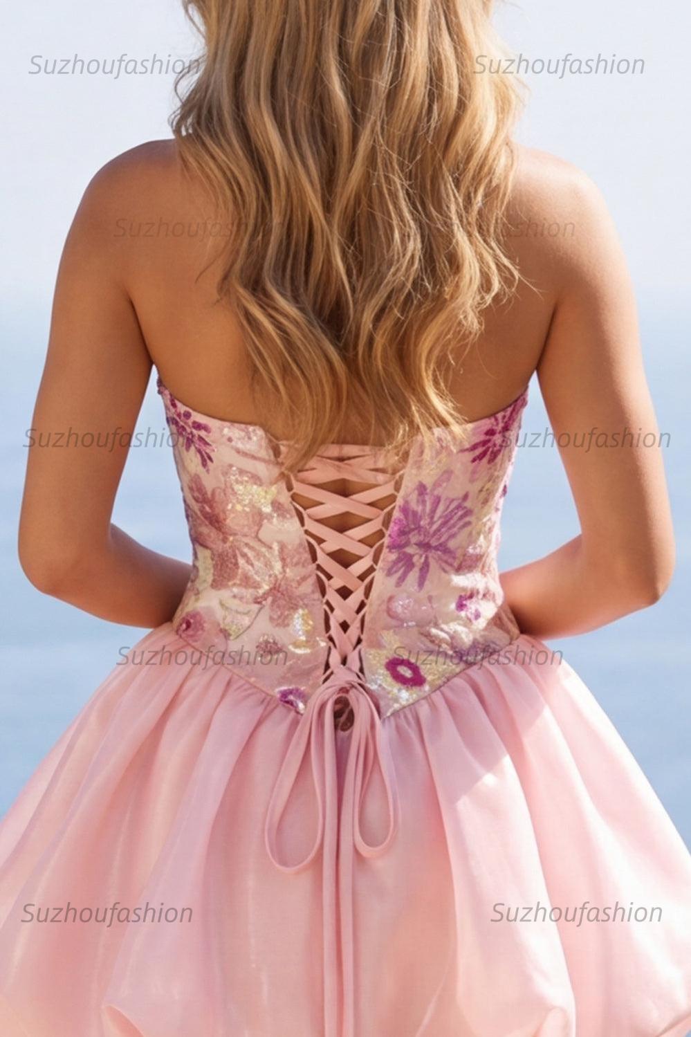 Suzhoufashion Pink Strapless Floral Beaded A-Line Short Homecoming Dress