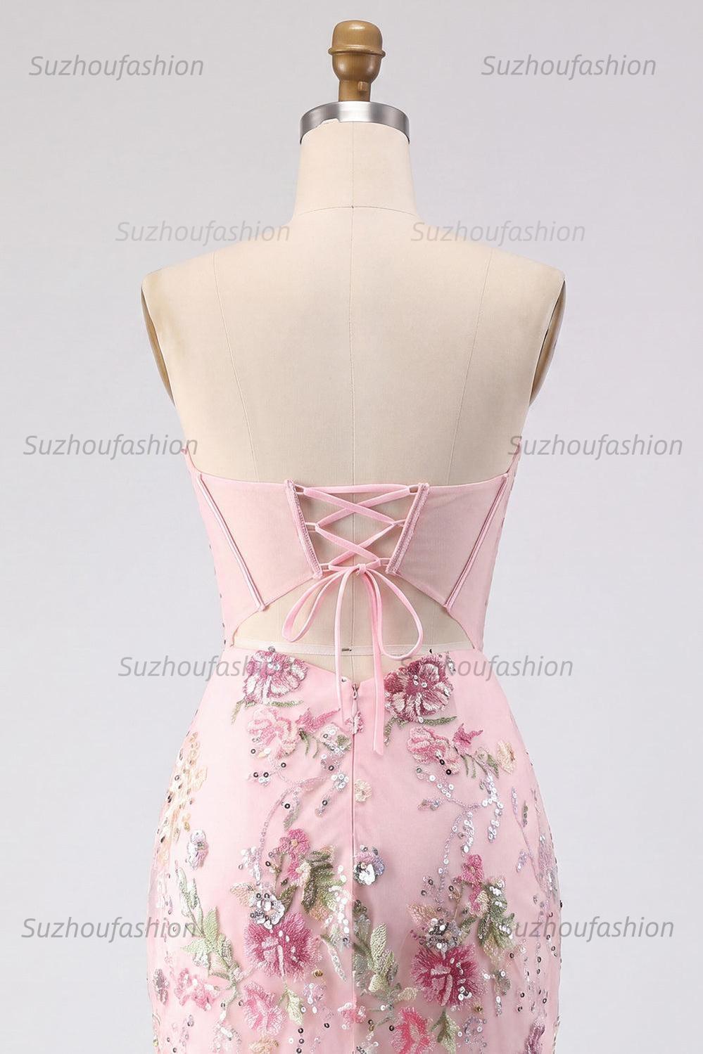 Suzhoufashion Pink Strapless Floral Beaded Corset Tight Short Homecoming Dress