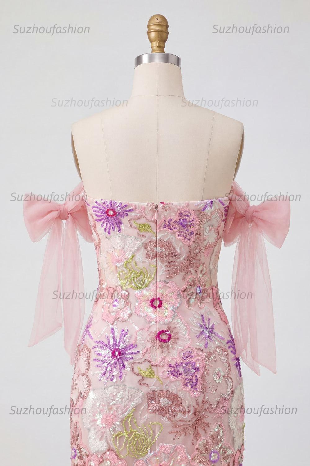 Suzhoufashion Pink Strapless Floral Beaded Tight Short Homecoming Dress with Bows