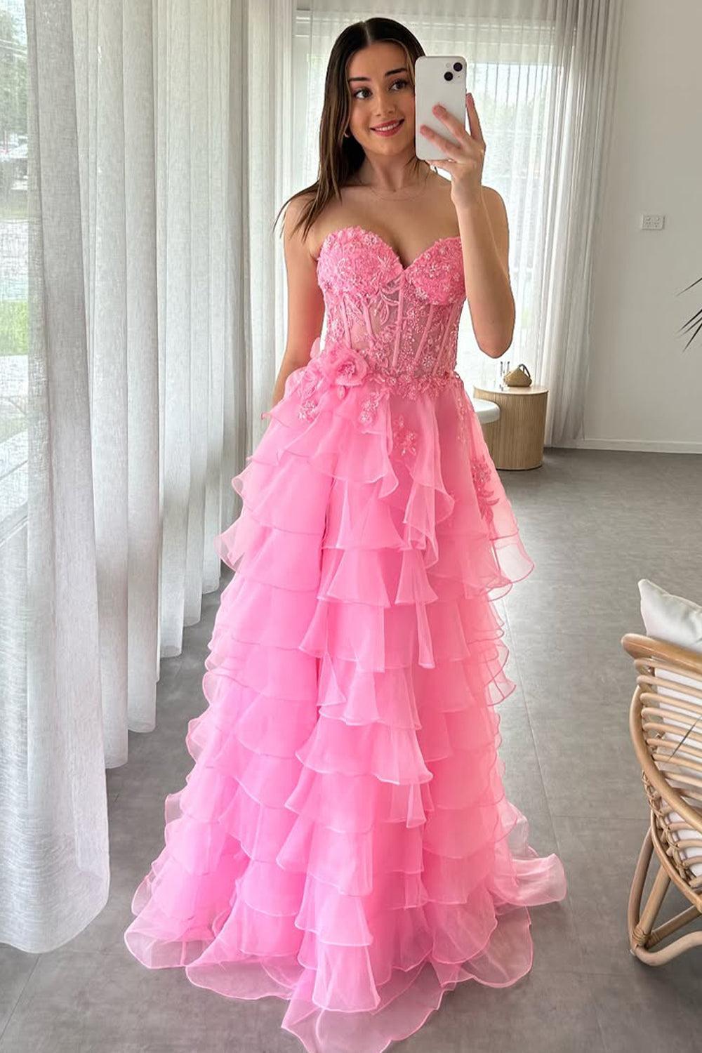 Suzhoufashion Pink Strapless Prom Gown With 3D Floral Lace Bodice And Tiered Chiffon Ruffles Formal Evening Gown