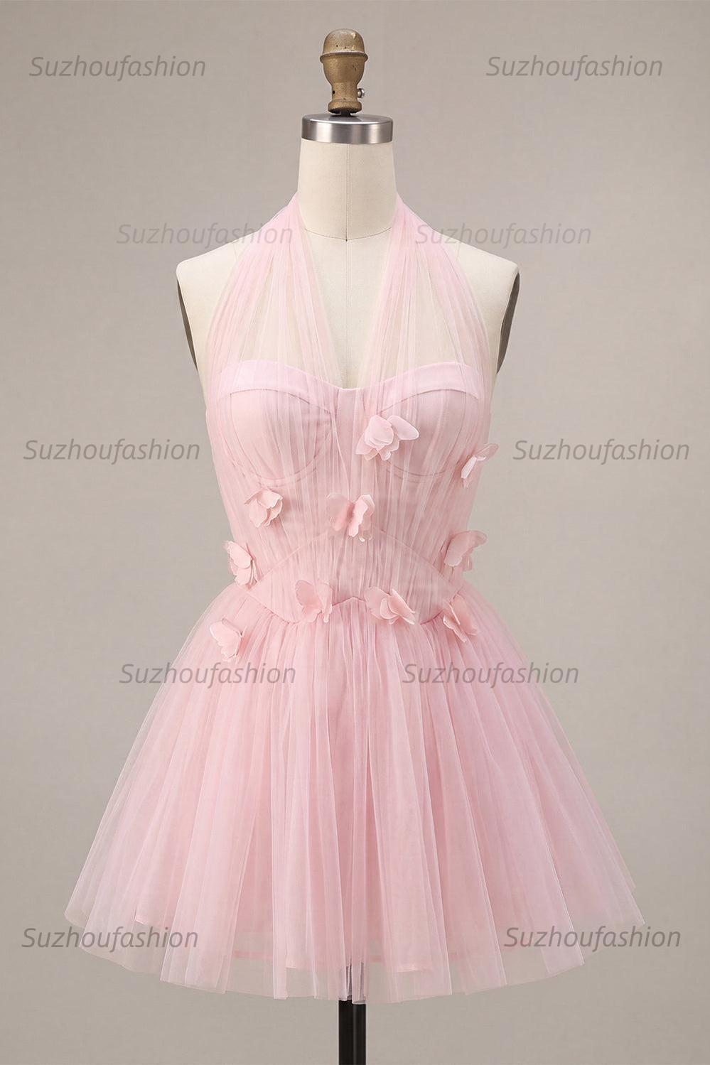 Suzhoufashion Pink Tulle A-Line Halter Short Homecoming Dress with 3D Flowers