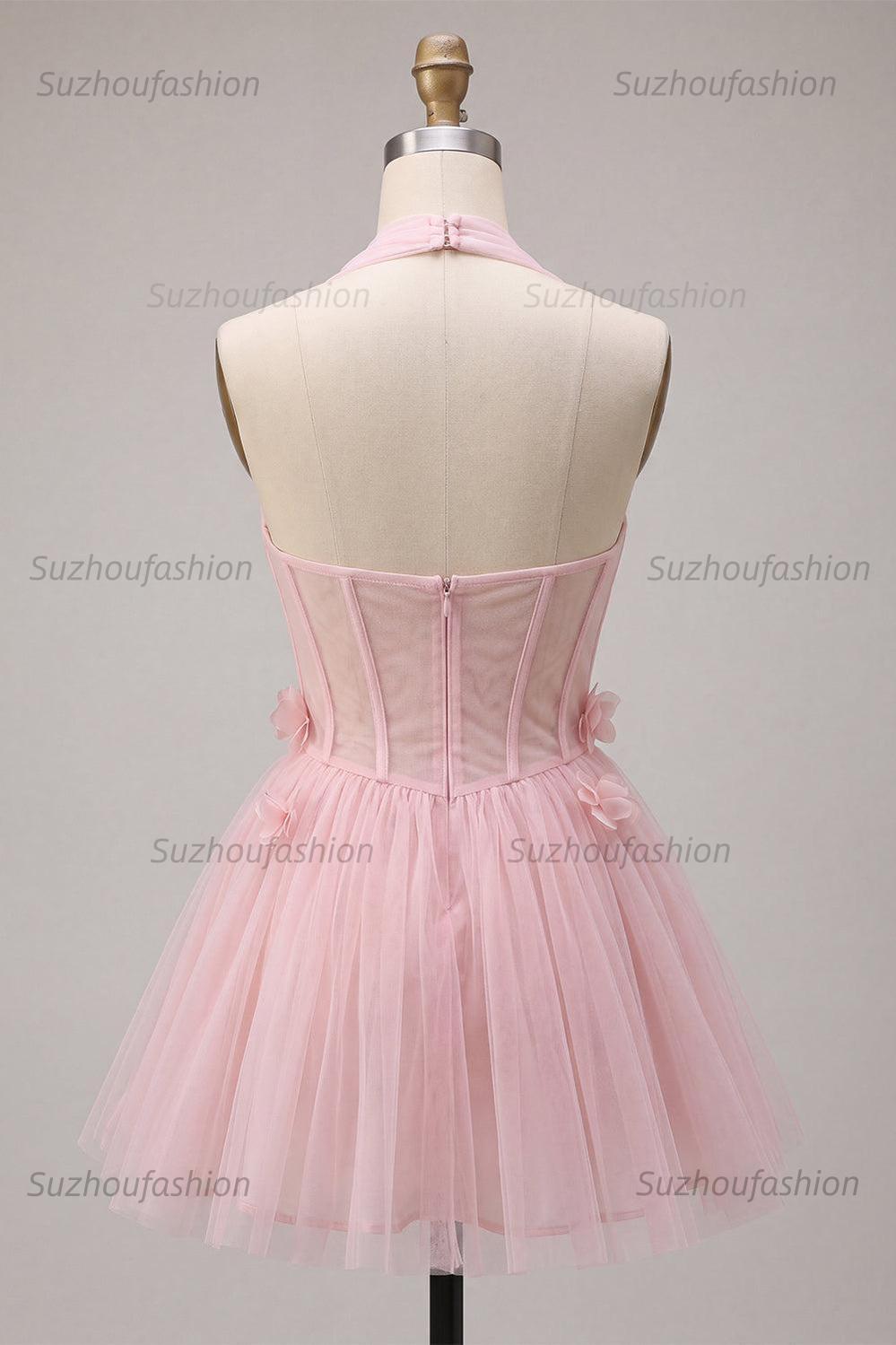 Suzhoufashion Pink Tulle A-Line Halter Short Homecoming Dress with 3D Flowers
